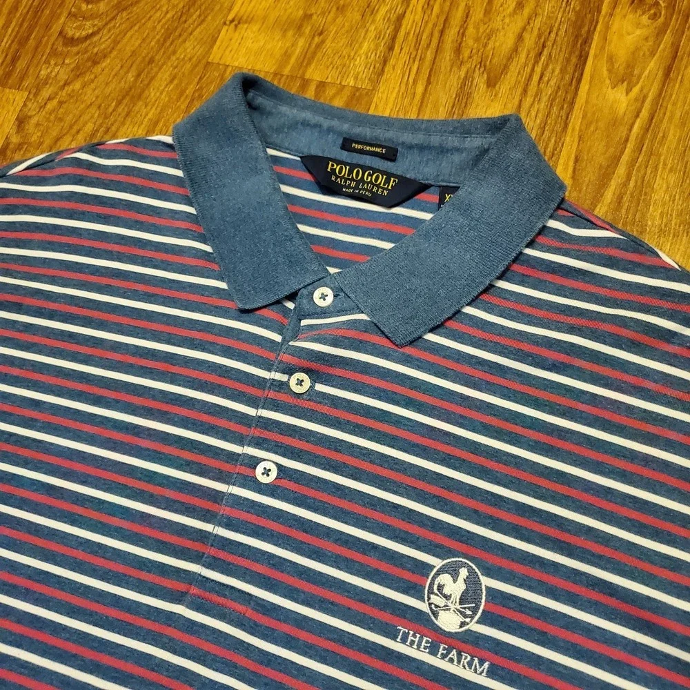 Polo‎ Ralph Lauren Golf Shirt Men 2XL Blue Striped Performance Stretch The Farm